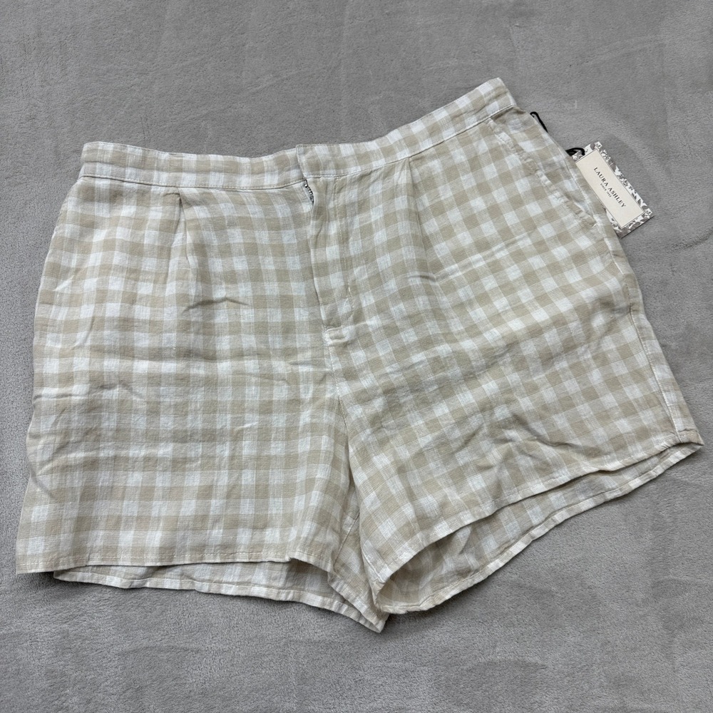 Laura Ashley‎ Womens Linen Shorts XL Beige Gingham Pleated Coastal Summer
